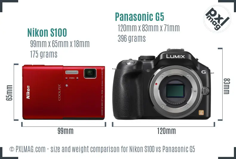 Nikon S100 vs Panasonic G5 size comparison