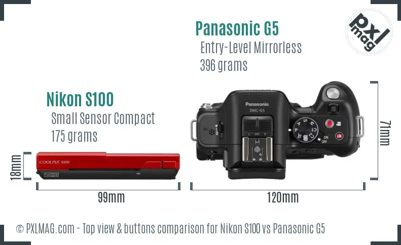 Nikon S100 vs Panasonic G5 top view buttons comparison