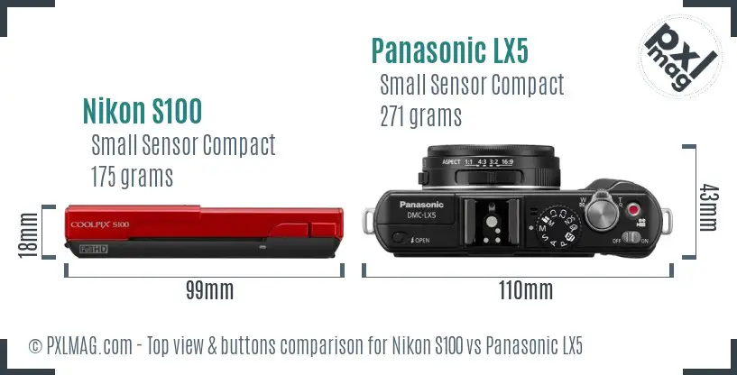 Nikon S100 vs Panasonic LX5 top view buttons comparison