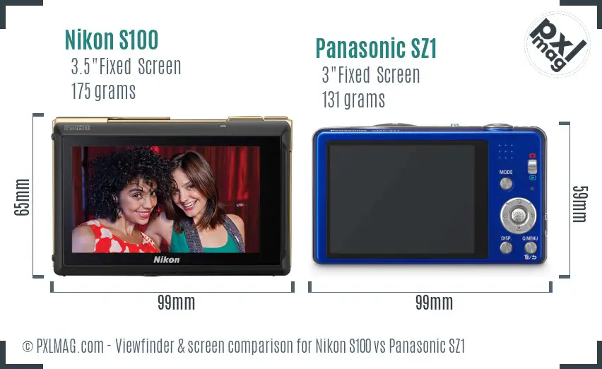 Nikon S100 vs Panasonic SZ1 Screen and Viewfinder comparison