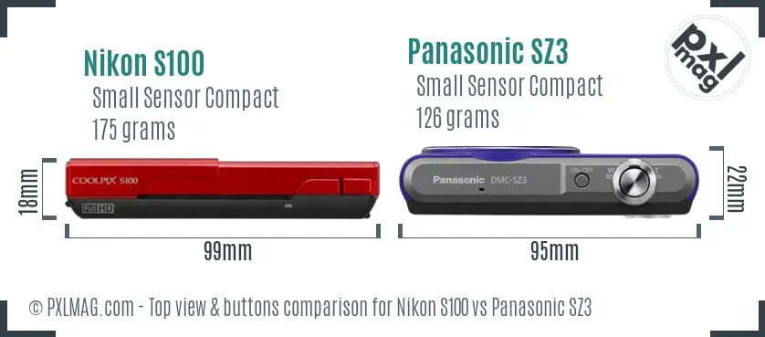 Nikon S100 vs Panasonic SZ3 top view buttons comparison Nikon S100 vs Panasonic SZ3 top view buttons comparison