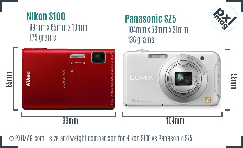 Nikon S100 vs Panasonic SZ5 size comparison