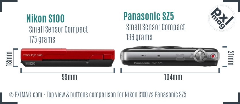 Nikon S100 vs Panasonic SZ5 top view buttons comparison