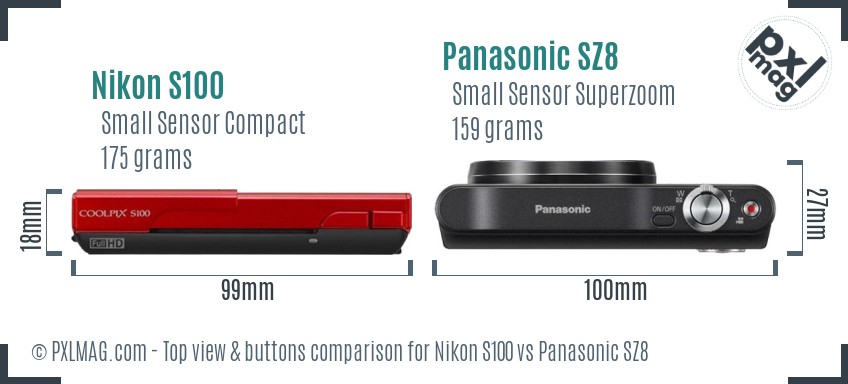 Nikon S100 vs Panasonic SZ8 top view buttons comparison