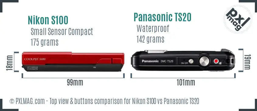 Nikon S100 vs Panasonic TS20 top view buttons comparison