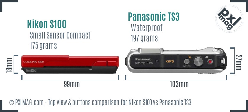 Nikon S100 vs Panasonic TS3 top view buttons comparison