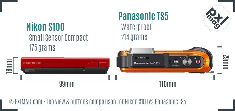 Nikon S100 vs Panasonic TS5 top view buttons comparison