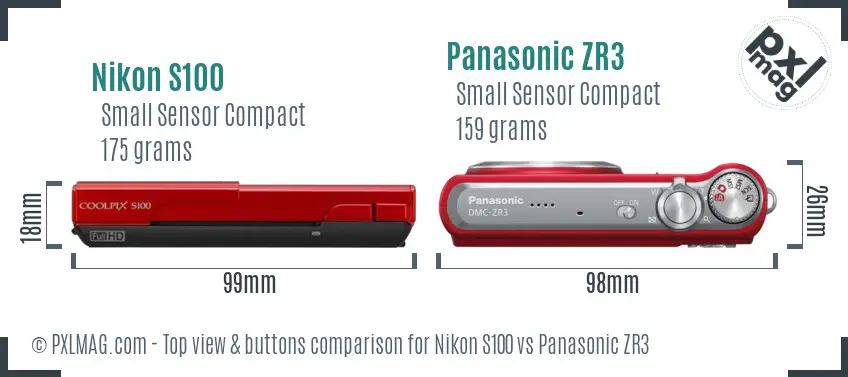 Nikon S100 vs Panasonic ZR3 top view buttons comparison