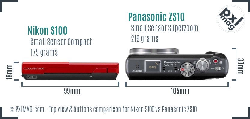 Nikon S100 vs Panasonic ZS10 top view buttons comparison