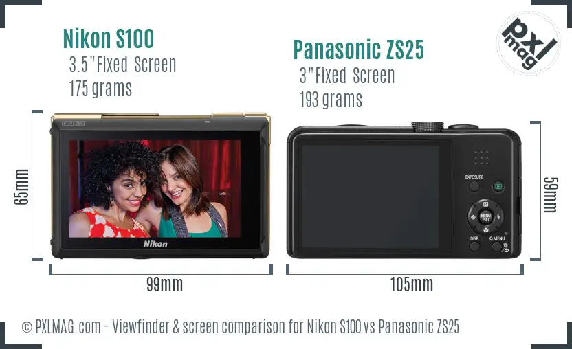 Nikon S100 vs Panasonic ZS25 Screen and Viewfinder comparison