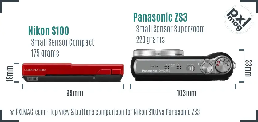 Nikon S100 vs Panasonic ZS3 top view buttons comparison