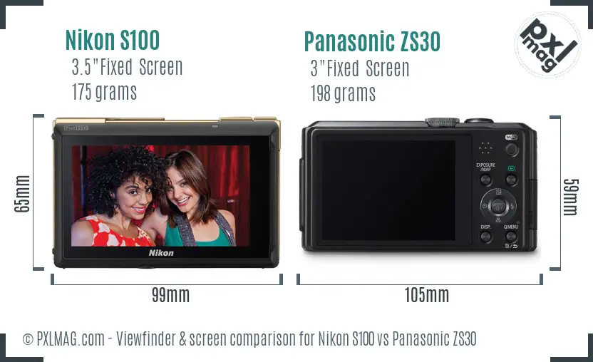 Nikon S100 vs Panasonic ZS30 Screen and Viewfinder comparison