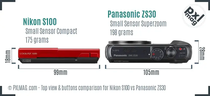 Nikon S100 vs Panasonic ZS30 top view buttons comparison