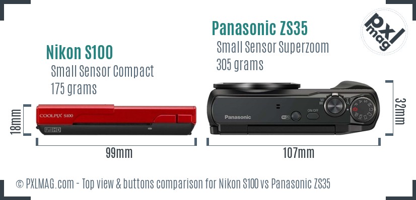 Nikon S100 vs Panasonic ZS35 top view buttons comparison