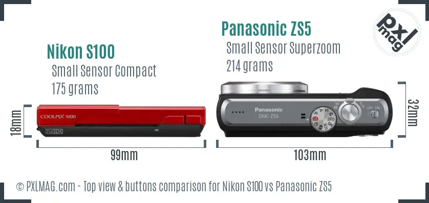 Nikon S100 vs Panasonic ZS5 top view buttons comparison