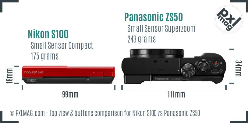 Nikon S100 vs Panasonic ZS50 top view buttons comparison