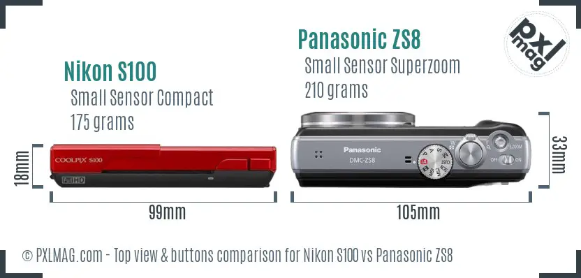 Nikon S100 vs Panasonic ZS8 top view buttons comparison