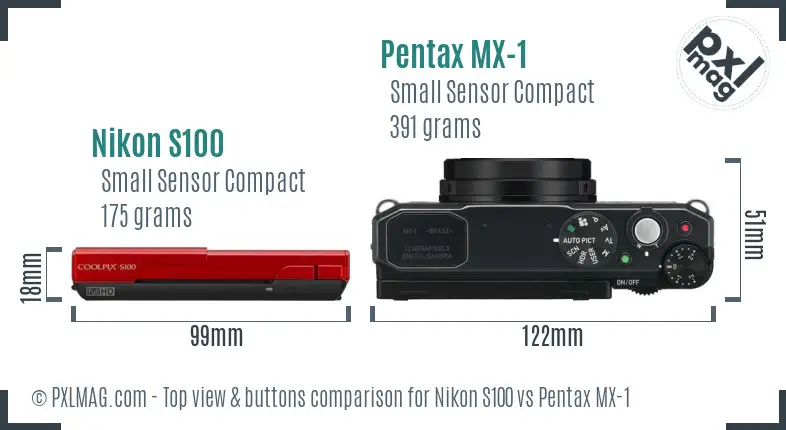 Nikon S100 vs Pentax MX-1 top view buttons comparison