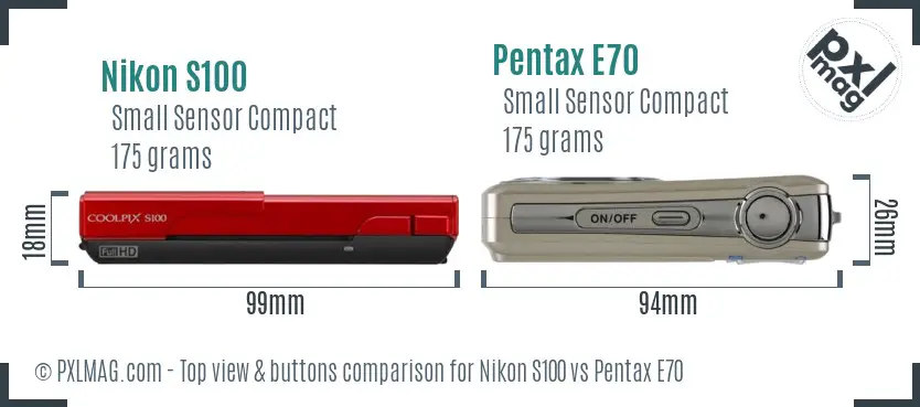 Nikon S100 vs Pentax E70 top view buttons comparison