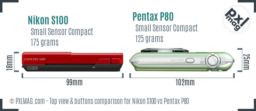 Nikon S100 vs Pentax P80 top view buttons comparison