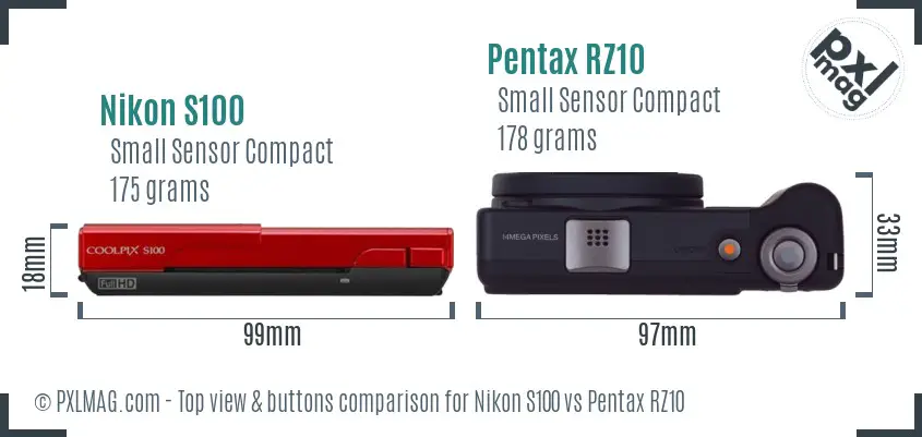 Nikon S100 vs Pentax RZ10 top view buttons comparison