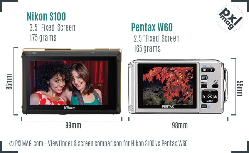 Nikon S100 vs Pentax W60 Screen and Viewfinder comparison
