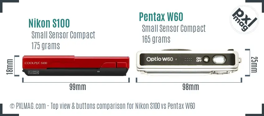 Nikon S100 vs Pentax W60 top view buttons comparison