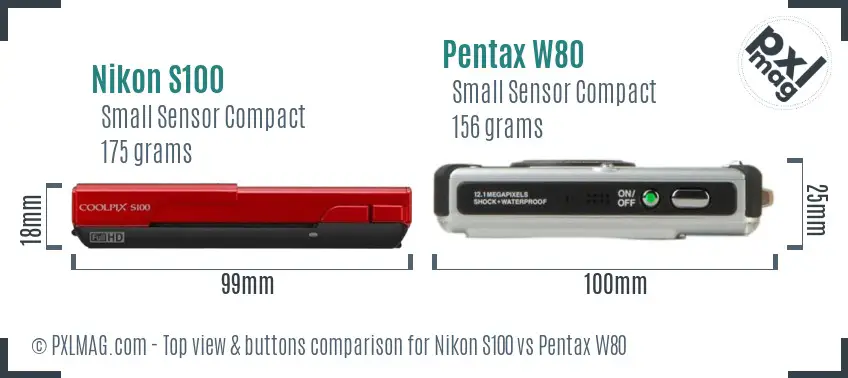 Nikon S100 vs Pentax W80 top view buttons comparison Nikon S100 vs Pentax W80 top view buttons comparison