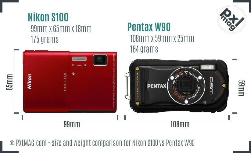 Nikon S100 vs Pentax W90 size comparison