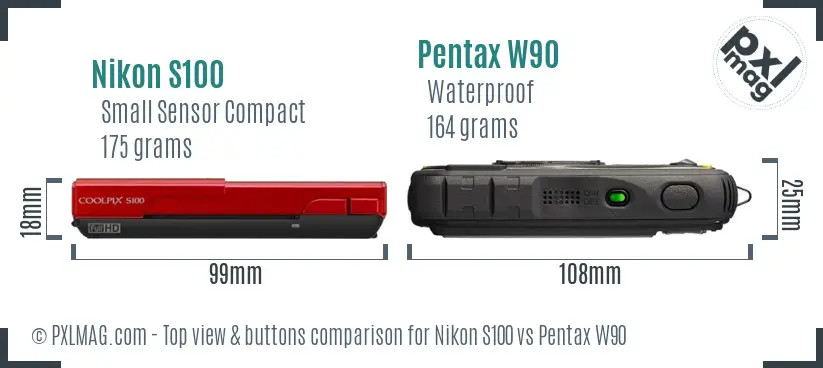 Nikon S100 vs Pentax W90 top view buttons comparison