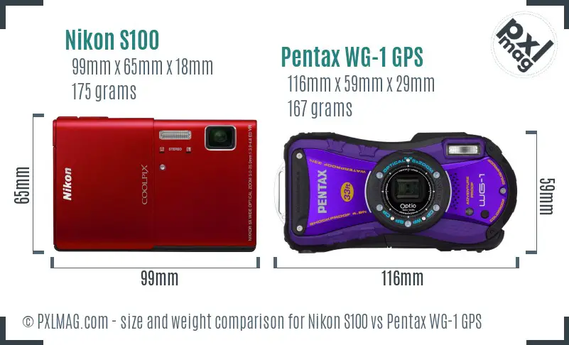 Nikon S100 vs Pentax WG-1 GPS size comparison Nikon S100 vs Pentax WG-1 GPS size comparison
