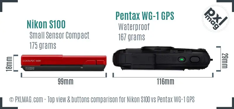 Nikon S100 vs Pentax WG-1 GPS top view buttons comparison Nikon S100 vs Pentax WG-1 GPS top view buttons comparison