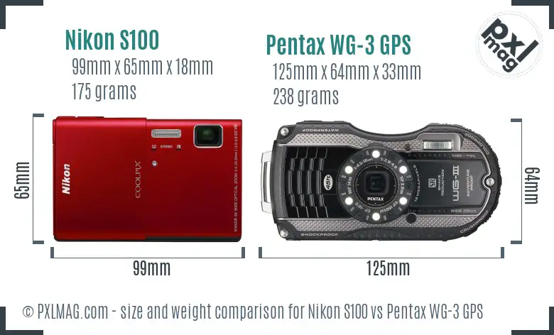 Nikon S100 vs Pentax WG-3 GPS size comparison Nikon S100 vs Pentax WG-3 GPS size comparison