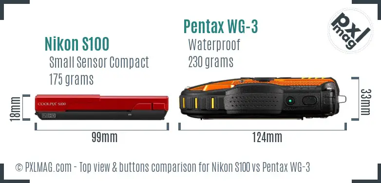 Nikon S100 vs Pentax WG-3 top view buttons comparison
