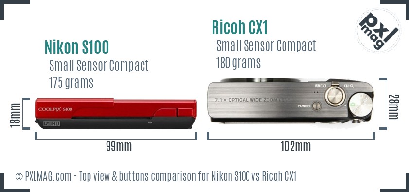 Nikon S100 vs Ricoh CX1 top view buttons comparison