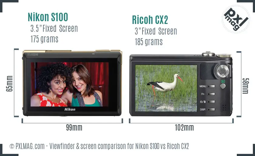 Nikon S100 vs Ricoh CX2 Screen and Viewfinder comparison