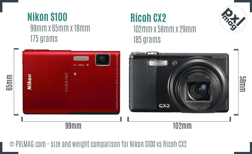 Nikon S100 vs Ricoh CX2 size comparison