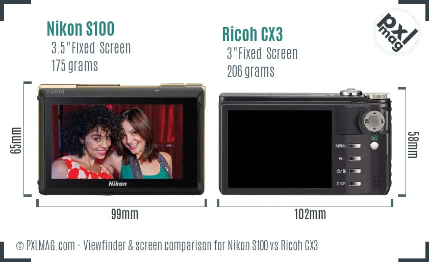 Nikon S100 vs Ricoh CX3 Screen and Viewfinder comparison