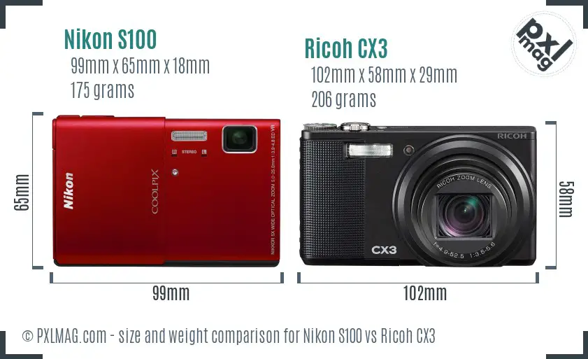 Nikon S100 vs Ricoh CX3 size comparison
