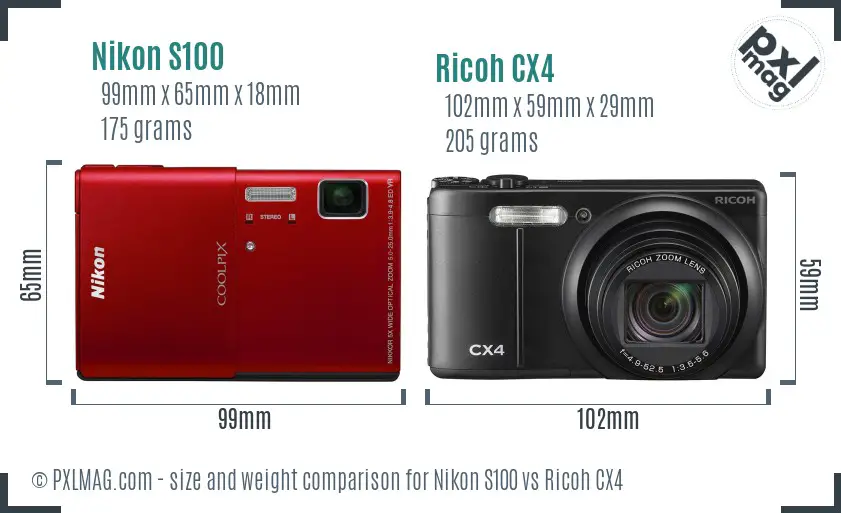 Nikon S100 vs Ricoh CX4 size comparison