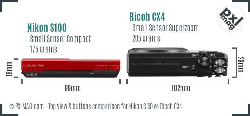 Nikon S100 vs Ricoh CX4 top view buttons comparison