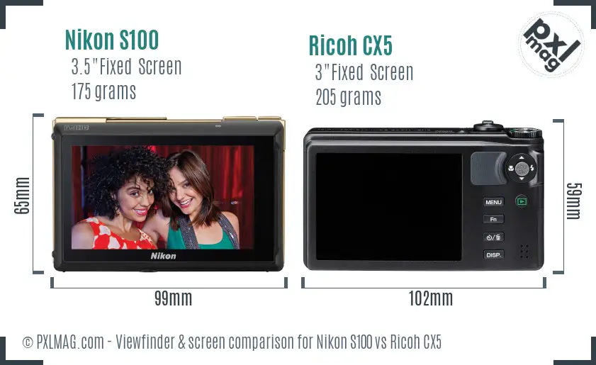 Nikon S100 vs Ricoh CX5 Screen and Viewfinder comparison