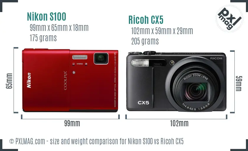Nikon S100 vs Ricoh CX5 size comparison Nikon S100 vs Ricoh CX5 size comparison