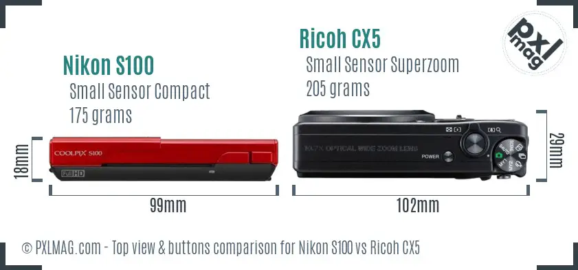 Nikon S100 vs Ricoh CX5 top view buttons comparison