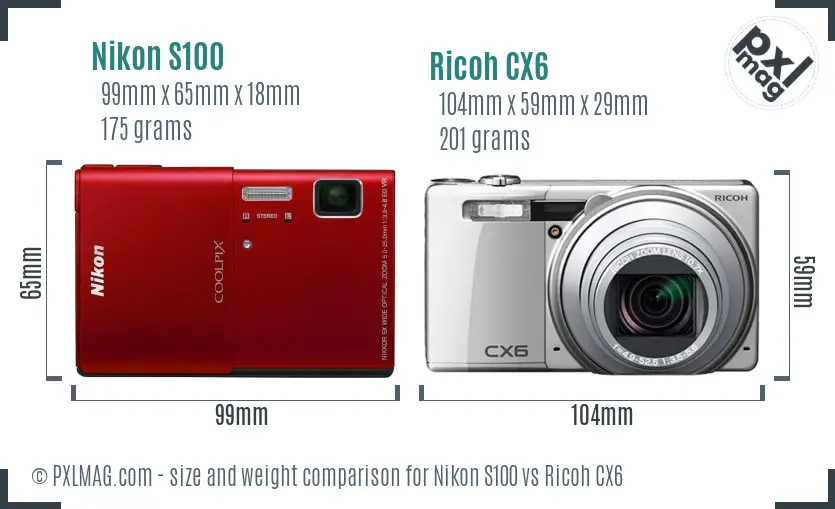 Nikon S100 vs Ricoh CX6 size comparison