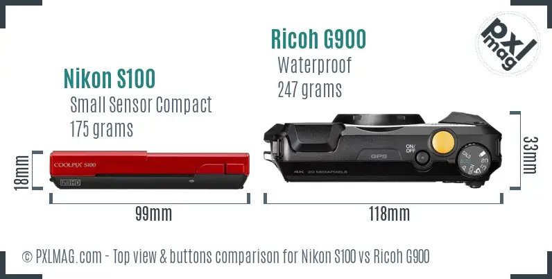 Nikon S100 vs Ricoh G900 top view buttons comparison