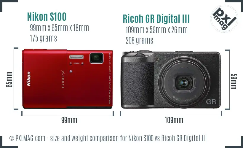 Nikon S100 vs Ricoh GR Digital III size comparison Nikon S100 vs Ricoh GR Digital III size comparison