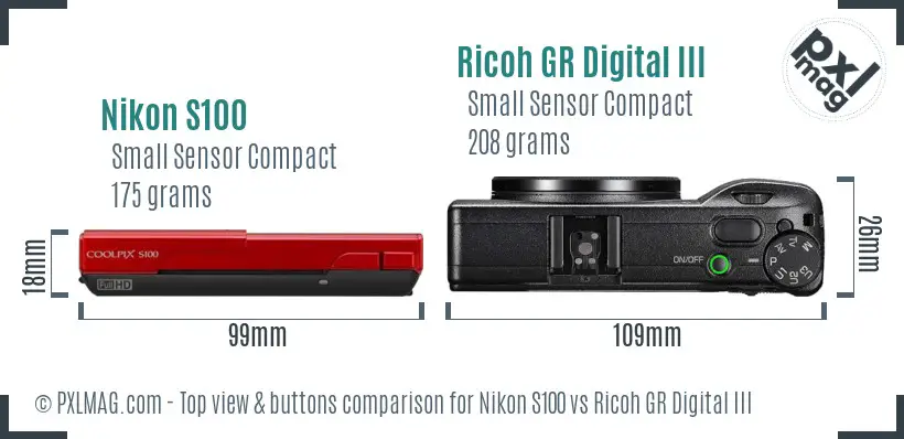 Nikon S100 vs Ricoh GR Digital III top view buttons comparison Nikon S100 vs Ricoh GR Digital III top view buttons comparison