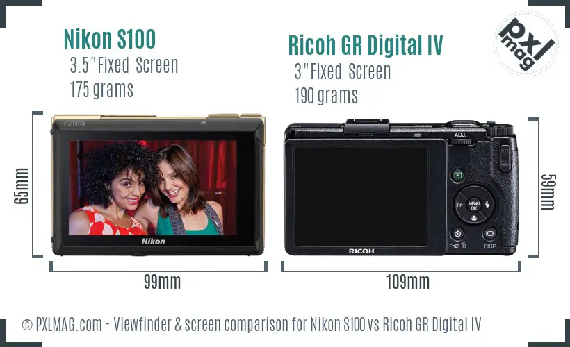Nikon S100 vs Ricoh GR Digital IV Screen and Viewfinder comparison