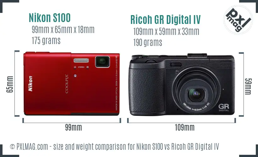 Nikon S100 vs Ricoh GR Digital IV size comparison